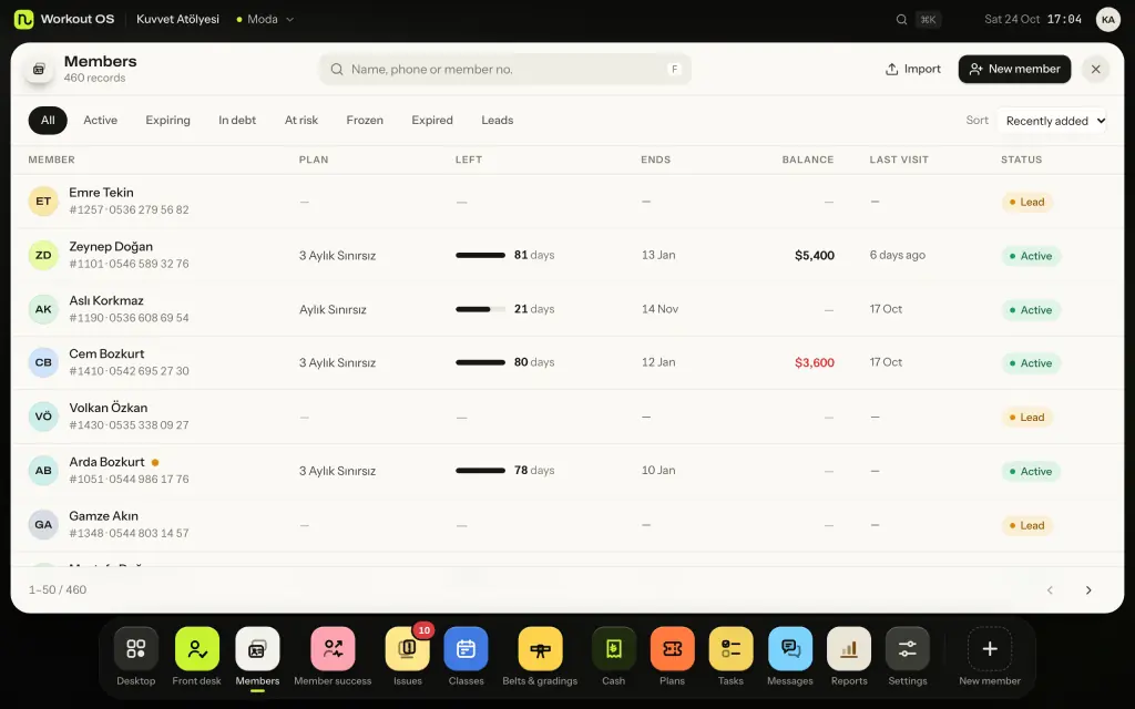 Workout OS member list: name and member number, plan, days-left bar, end date, balance, last visit and status tags. Sample data.