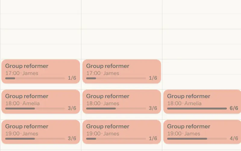 Workout Studio calendar with group and private reformer sessions and occupancy such as 3/6. Sample data.