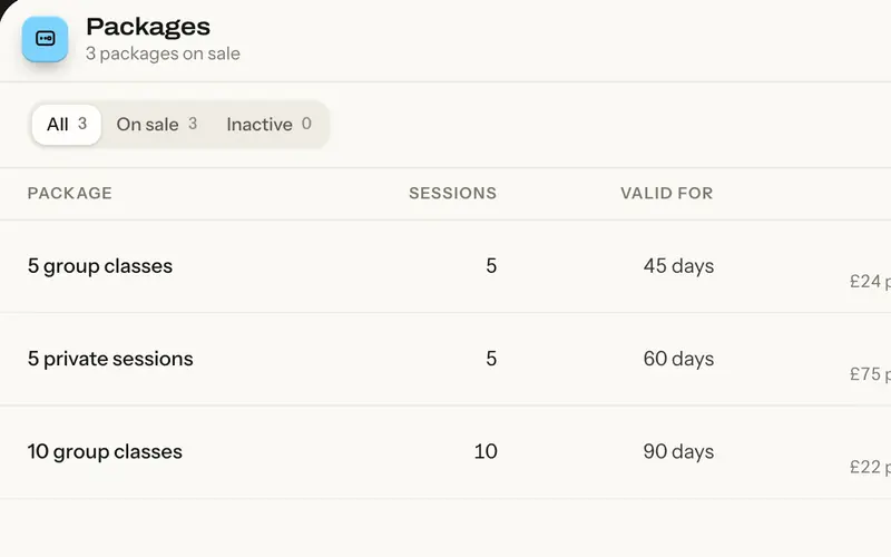 Workout Studio package list with sessions, validity, price and price per session. Sample data.