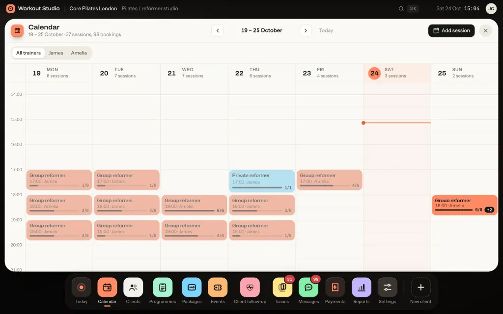 Workout Studio weekly calendar: group and private reformer sessions with trainer names and occupancy such as 3/6. Sample data.
